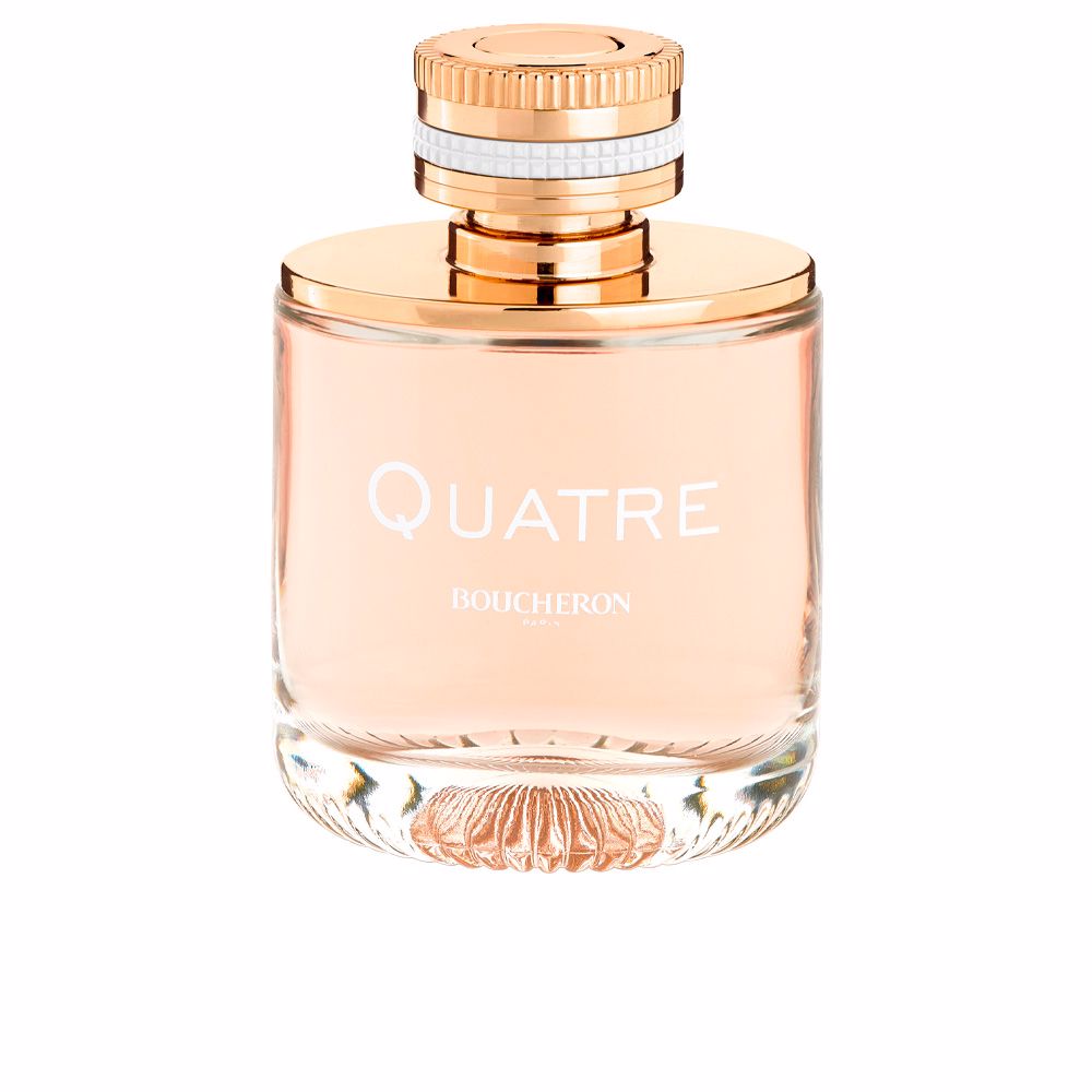 Boucheron Quatre Pour Femme Eau de Parfum – een verfijnde florale fruitige geur met noten van grapefruit, mandarijn, citroen, sinaasappel, jasmijn, roos, appel, aardbei, witte musk, cashmeran, ceder, vanille en karamel.