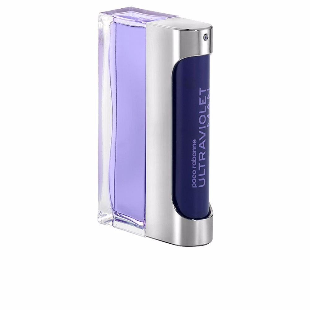 Flacon van Paco Rabanne Ultraviolet Man Eau de Toilette, een luxe herenparfum met munt, vetiver en amber. Perfect voor een gedurfde uitstraling in de winter.